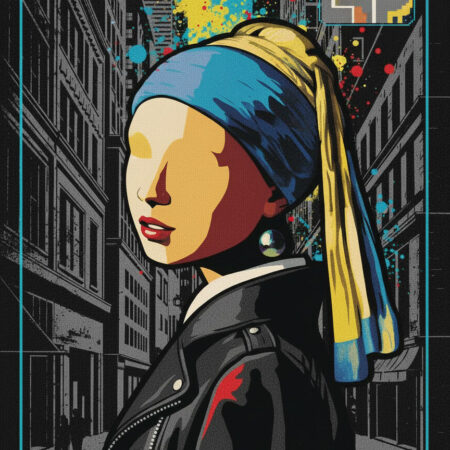 A Neo-Noir reimagining of Vermeer's Girl with a Pearl Earring featuring retro gaming UI elements. A unique blend of classical art and modern gaming culture.